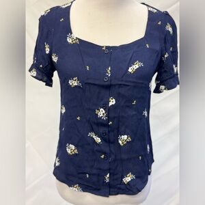 Anthropologie Women's Size M Navy Blue Floral Puff Sleeve Shirt‎ From Elodie NWT